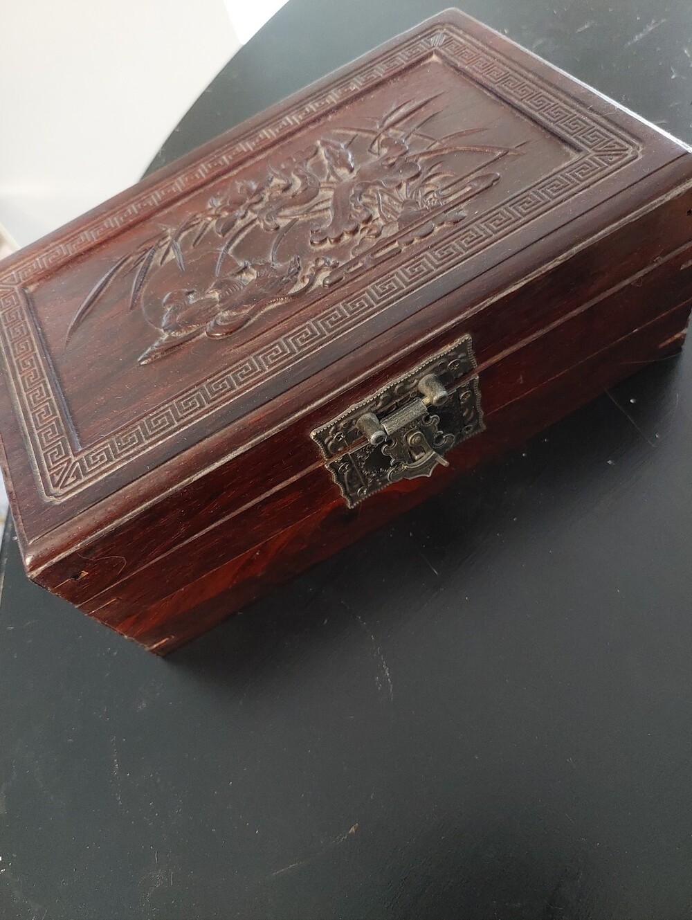 Carved Chinese Wooden Jewelry Box with Metal Latch - Dark Brown